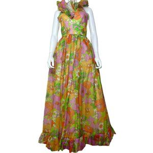 Vintage 70s Larry Aldrich Maxi Dress Chiffon Floral Gown Halter Ruffles Designer